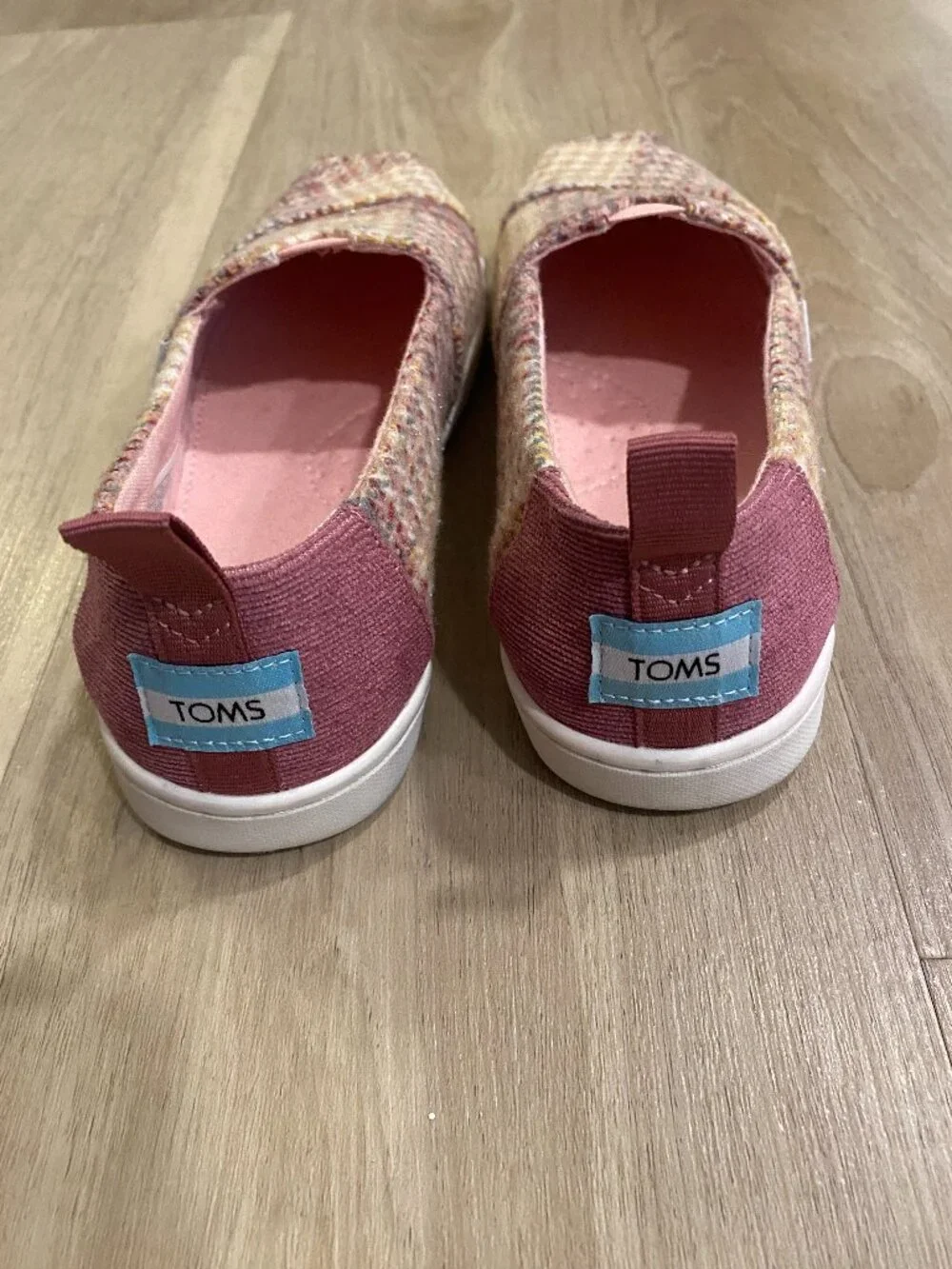TOMS Kids Alpargata Slip On Shoes Pink Tweed Glitter Plaid Size 2.5